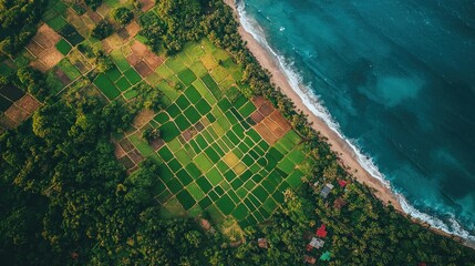Aerial farmlands coastal view