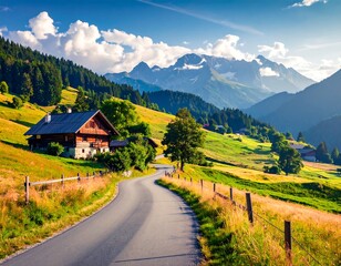 Fototapeta premium A winding road through a picturesque alpine valley, showcasing traditional wooden houses nestled among verdant meadows and towering mountains under a vibrant blue sky.