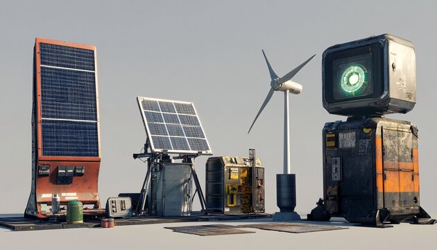 The illustration shows a collection of equipment, including solar panels, a wind turbine, and a weathered energy storage unit, suggesting an off-grid power generation system.