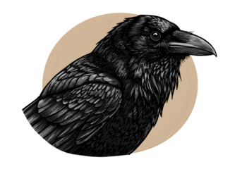 Detailed Illustration of a Black Raven with Feathers against Circle Background