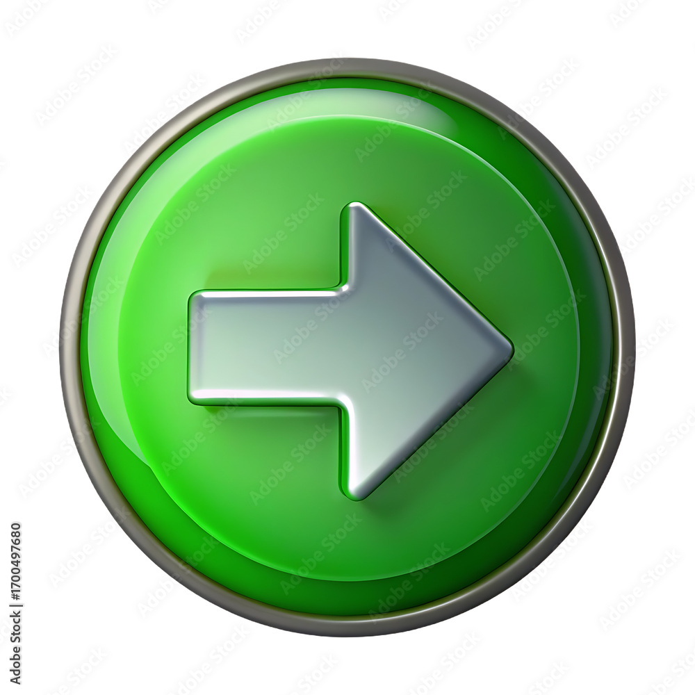 Aufkleber shiny green button with a metallic silver arrow pointing rightward for navigation and directional gu