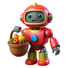 Fototapeta premium Cute red robot character holding a basket full of fresh fruits and vegetables with big eyes and a friendly smile transparent background