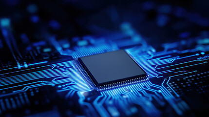 High-detail microchip close-up on motherboard with glowing blue circuit network overlay and dramatic cool lighting