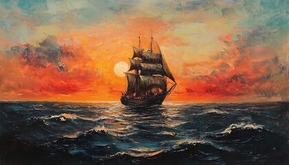 An oil painting depicts a three-masted sailing ship sailing on dark-blue water, with a bright red and orange sunset in the background.