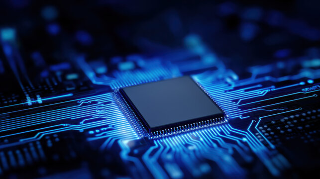 High-detail microchip close-up on motherboard with glowing blue circuit network overlay and dramatic cool lighting