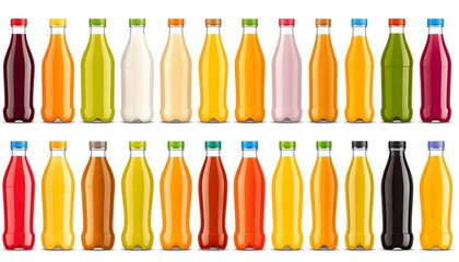 Various colorful plastic juice bottles, displayed against a pure white background, showcase a range of vibrant hues and textures.