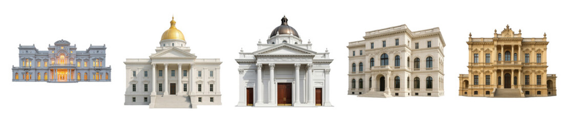 Grand architectural building set including classical, government, and mansion-style structures isolated. Historical and institutional designs.