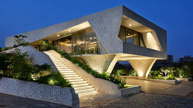 Modern, stone-clad residence with illuminated landscaping at twilight.