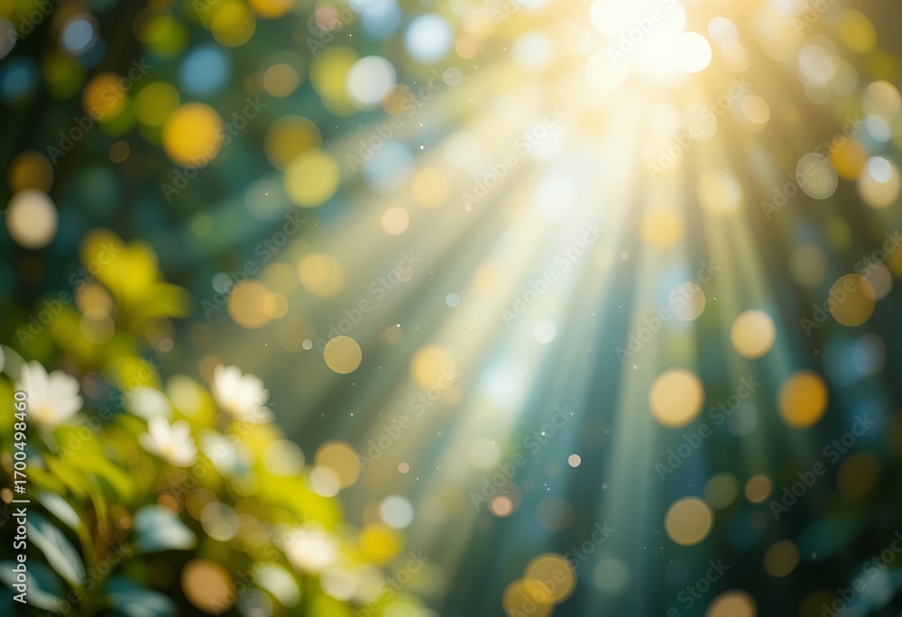 Poster sunlight streaming through lush green foliage creating soft bokeh light rays effect