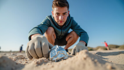 Young man in hoodie crouches on sandy beach, picking up litter with gloves, promoting environmental awareness and cleanliness