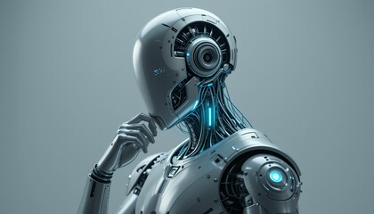 Futuristic humanoid robot in thoughtful pose showcasing advanced mechanical and electronic design