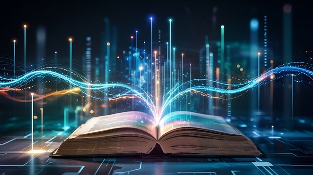 Ancient open book radiating vibrant digital data streams and futuristic glowing light beams against a dark technological background - Powered by Adobe