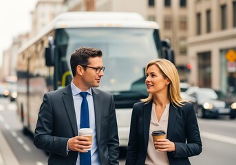 Business colleagues walking and talking with coffee cups