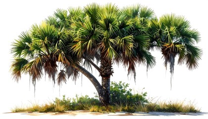 A lush, vibrant palm tree with cascading Spanish moss, set against a plain white background, displays a tropical feel.