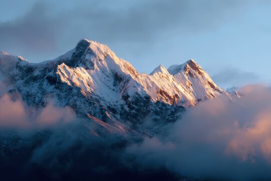 sunrise over misty mountains, golden light illuminating snowy peaks, clouds rolling in valleys