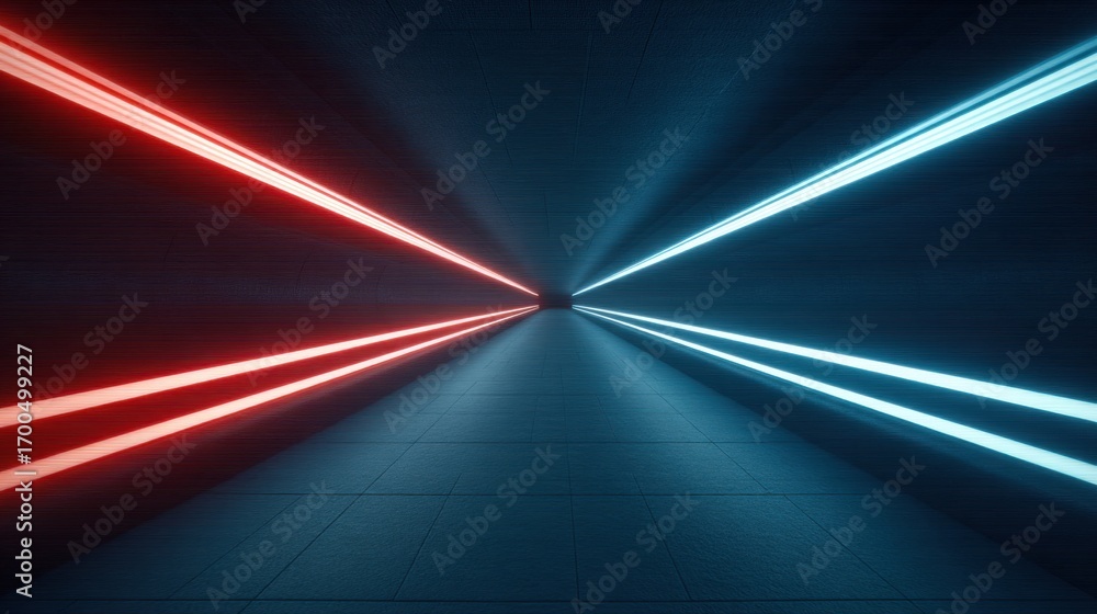 Poster abstract futuristic hallway with contrasting red and blue neon lights creating a sense of depth and 