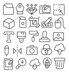 Hand drawn graphic design icon set, doodle tools for digital art, creative software, editing, illustration, typography, color palette, pen tool, brush, photo, camera, vector and drawing elements