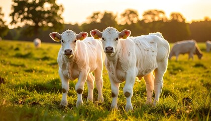 Two calves in a field at sunset