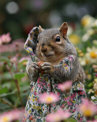 A cute squirrel in classic floral dress holding acorns standing in pastel garden background