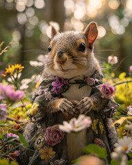 A charming squirrel wearing vintage floral dress with acorns in hands against soft pastel garden