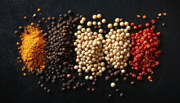 The image shows a collection of various spices, including turmeric powder, black peppercorns, white peppercorns, and red peppercorns, arranged on a dark surface. - Powered by Adobe