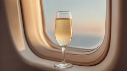 Elegant glass of sparkling beverage resting on airplane window sill with beautiful sunset view outside during a luxurious flight experience