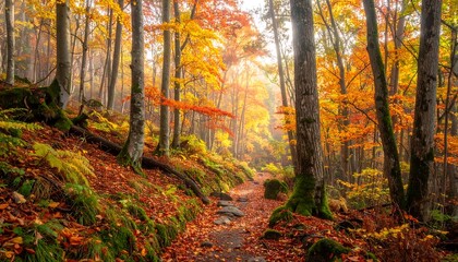 Obraz premium A picturesque autumnal woodland path winds through a vibrant forest, bathed in golden and crimson hues.
