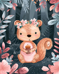 A cute squirrel in classic floral dress holding acorns standing in pastel garden background