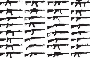 military weapon silhouette collection rifle and smg vector art black icons in grid layout for infographic design