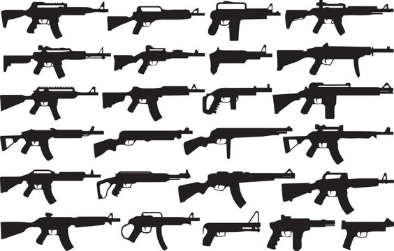 set of black rifle and submachine gun silhouettes vector pack with side view firearms for tactical design projects