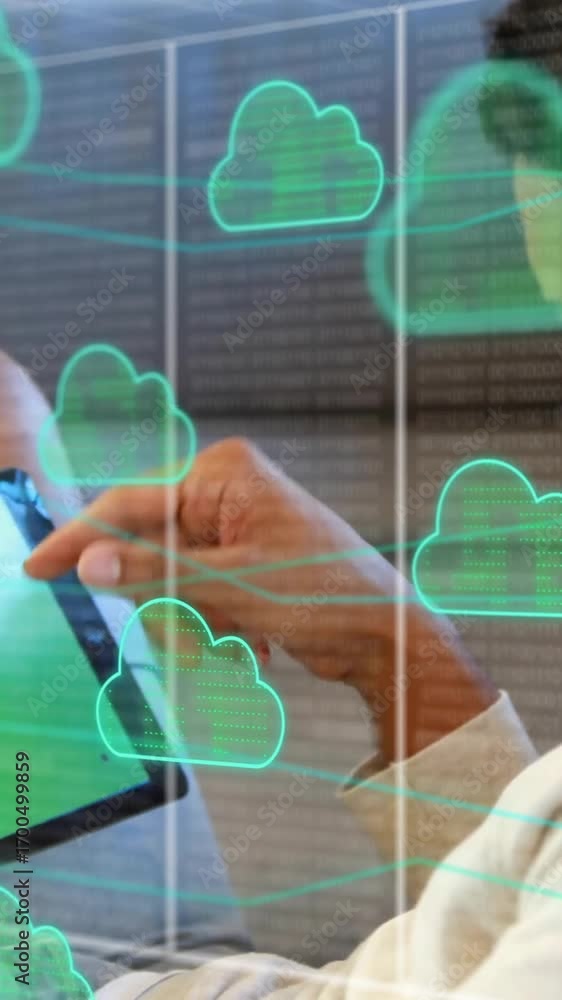 Poster animation of clouds and data processing over man using tablet