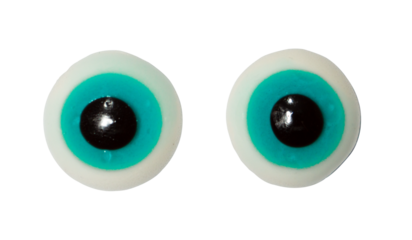 Two halloween gummy candy eyeballs with blue colors isolated on transparent background.