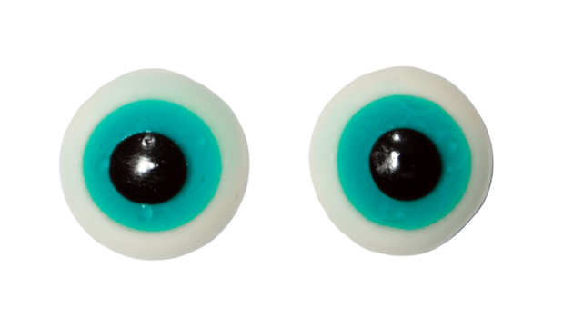 Two halloween gummy candy eyeballs with blue colors isolated on transparent background.