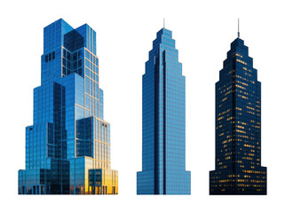 Fototapeta premium Modern glass skyscraper set including three distinct urban tower designs, one illuminated, isolated. City architecture and business concepts.