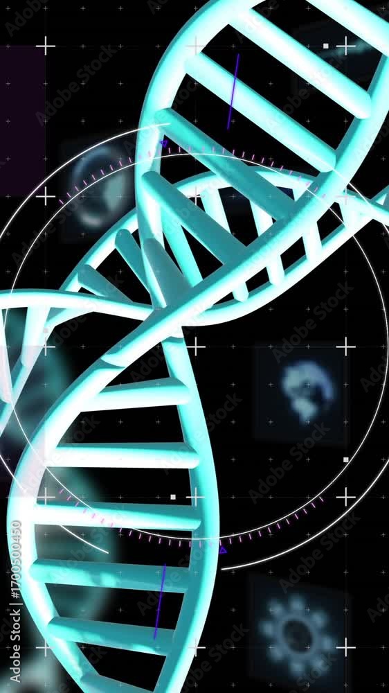 Aufkleber animation of dna strands spinning with data processing over black background