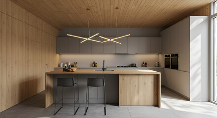 "Modern minimalist kitchen with a slanted wooden ceiling of oak acoustic panels, suspended linear pendant lights over a large island, and a seamless blend of wood and matte surfaces."