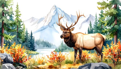 Watercolor elk in a mountain landscape