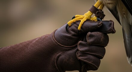 Talon of a bird of prey held on a gloved hand, falconry
