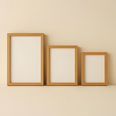 Minimalist arrangement of three distinct empty wooden picture frames, offering versatile display options for art, photography, or decor against a simple background