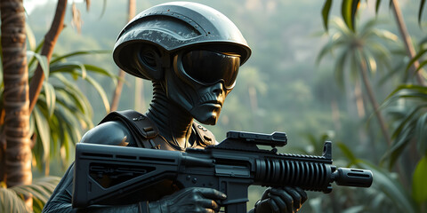 Soldier in alien planet jungle. Armed guy in the wild and soldier in the jungle of an extraterrestrial world. 