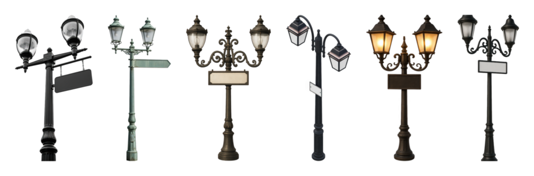Vintage street light set including various ornate styles, blank signs, lit, and unlit isolated. Architectural and urban design elements.