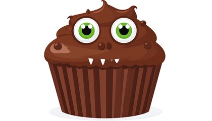 A chocolate cupcake with a monstrous expression and vibrant green eyes.