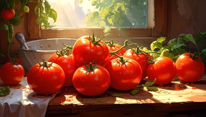 A vibrant still life presentation of plump, sun-drenched tomatoes clustered together on a rustic wooden surface, illuminated by natural light streaming through a window.