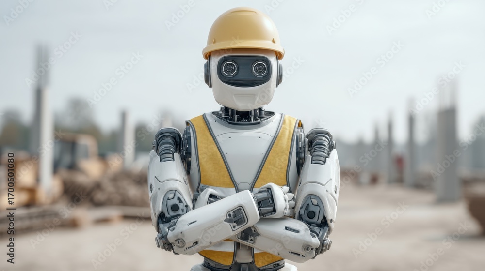 Aufkleber futuristic robot worker in construction site with helmet and safety vest, ready to assist in buildin