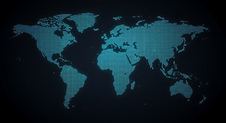 Futuristic digital world map with a glowing blue pixelated texture on a dark background, representing global connectivity and data