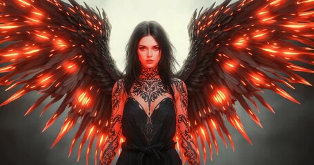 Showing winged woman igniting ember glow along black gown wings in misty chamber, power rising - Powered by Adobe