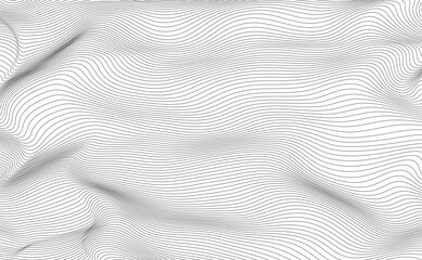 Vector thin flowing wavy black contour lines topographic grid pattern on white background. Smooth wave subtle contour curves terrain backdrop.