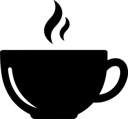 This is a minimalist black vector icon of a coffee cup. The design is a clean silhouette showing the cup with a handle and two wisps of steam rising from the top.