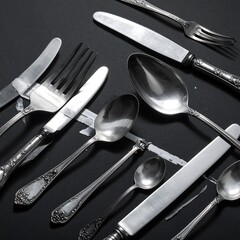 A sophisticated arrangement of vintage silverware, showcasing intricate details and polished surfaces against a dark background.