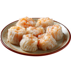 Shrimp dumpling on the plate, har gow, hong kong style dim sum, chinese steamed shrimp dumplings, Chinese food, isolated on white transparent background, menu photography, food photography